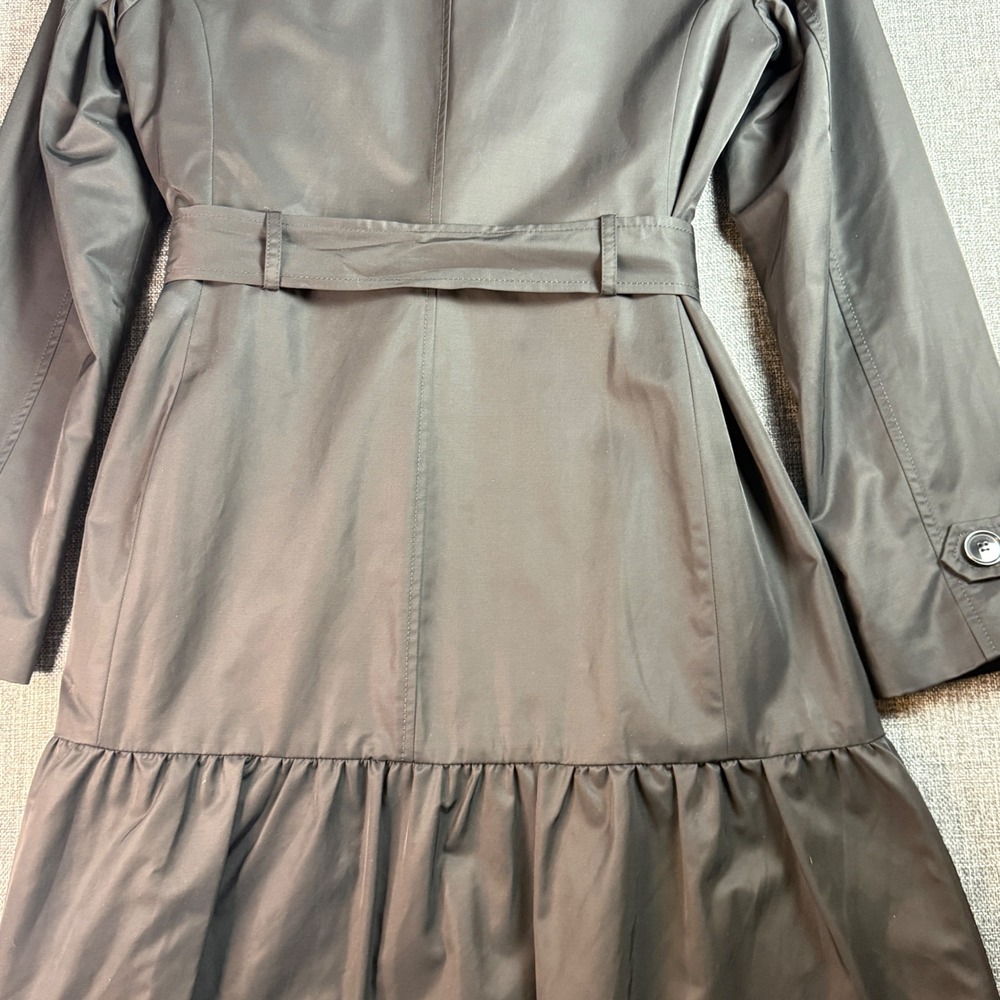 Women Kate Spade Trench Coat | Size S | Black Ruffle Hem Belted Jacket - Picture 7 of 13